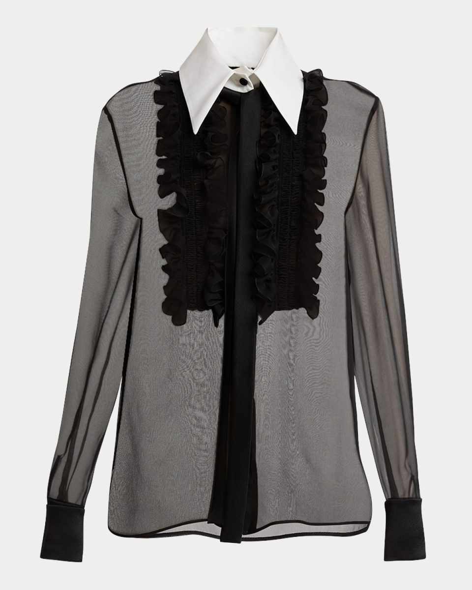 Ruffle-Bib Sheer Blouse